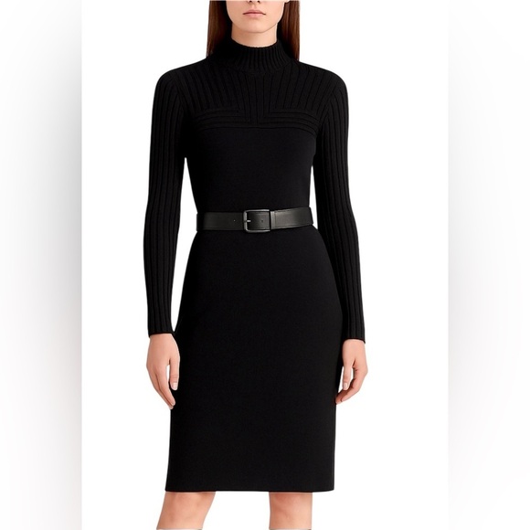 Akris Punto Wool Rib Knit Mock Neck Midi Dress Black Size 8 - Picture 2 of 12